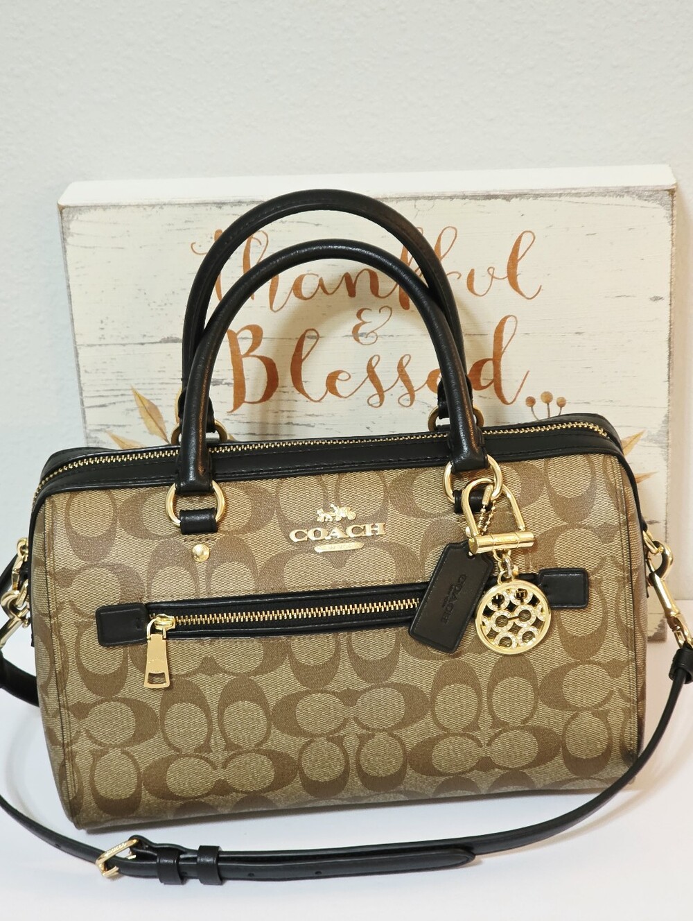 Coach Rowan Black Khaki Medium Crossbody Bag Shoulder Purse + Coach Sig C Charm
